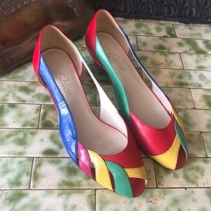 Vintage Color Block Kitten Heel Shoes